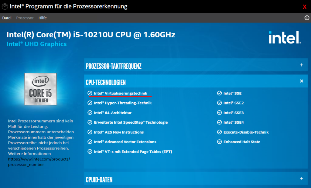 Überprüfung der Virtualisierung bei einem Intel Chip