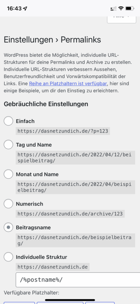 Perm link einstellung in WordPress