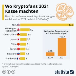 Kryptowährung mit Milliardengewinn 2021. Welche Länder am meisten Umsatz machten.