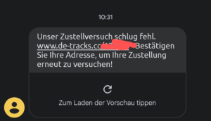 SMS mit der anscheinend von DHL kommt. Die URL ist eine gefälschte Statusseite von diesem Unternehmen. 