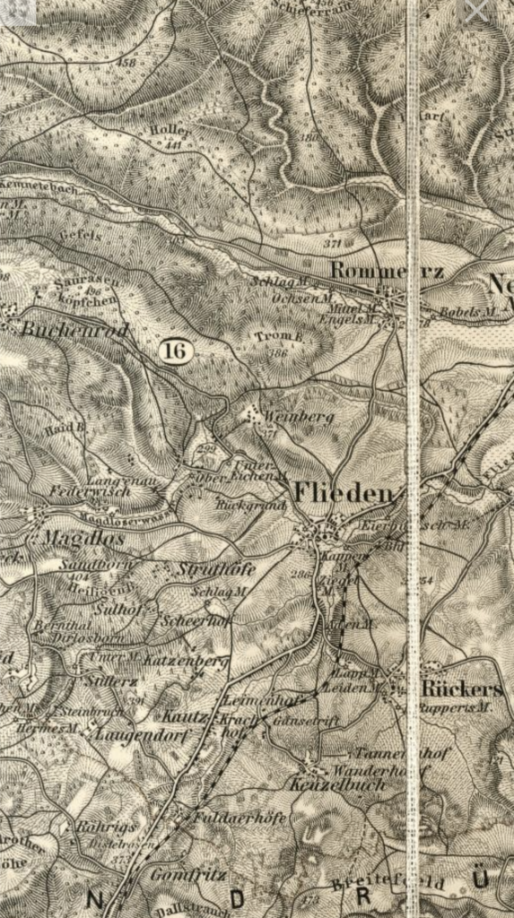 Alte Karte von 1893 von Flieden und Umgebung, gescannt und online gestellt via rumsey Maps. Zu sehen ist mittig die Gemeinde Flieden, sowie die Dörfer, Rommerz, Buchenrod, Magdlos, die Struthhöfe und Rückers.