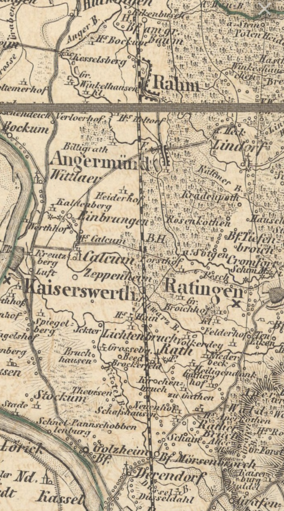 Eine historische Karte mit dem Städten Kaiserswerth, Ratingen, Angermünd, Lindorf, Rahm was heute zu Duisburg gehört. 