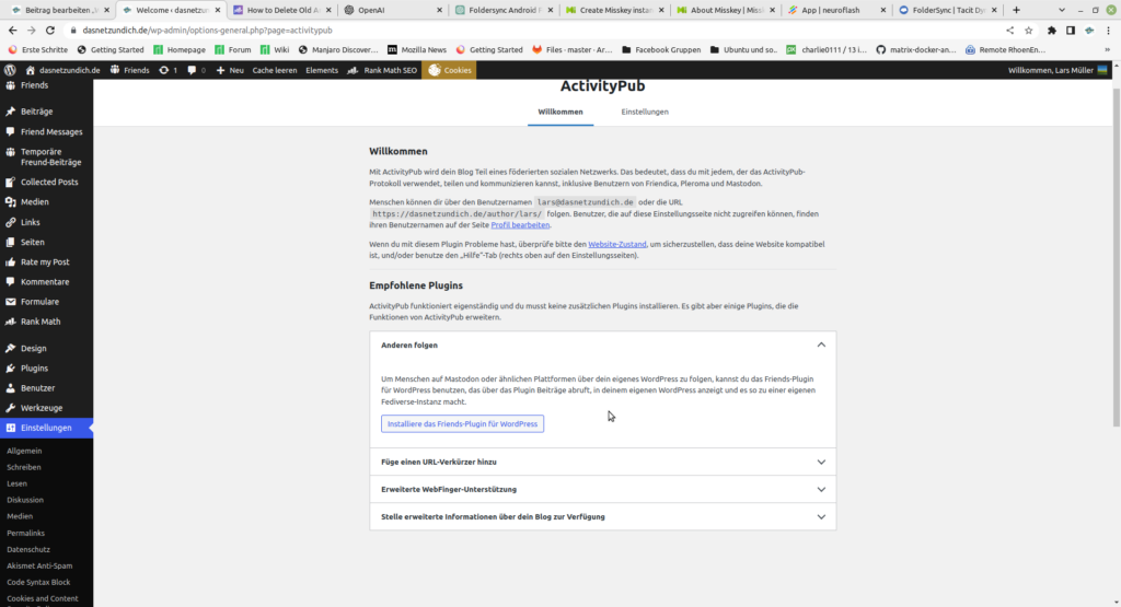 Einstellungen des ActivityPub Plugins für WordPress. Hier müsen weitere Einstellungen vorgenommen werden, damit alles funktioniert.