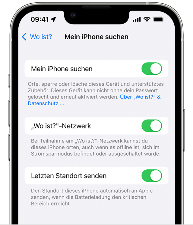 Menü der Mein iPhone suchen Funktion in einem iPhone.