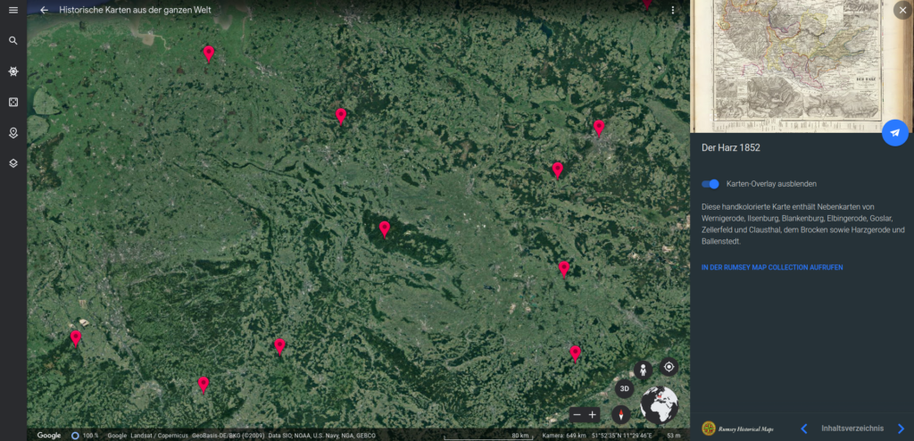 Google Earth Maps mit Inhalten con Rumsey Maps.