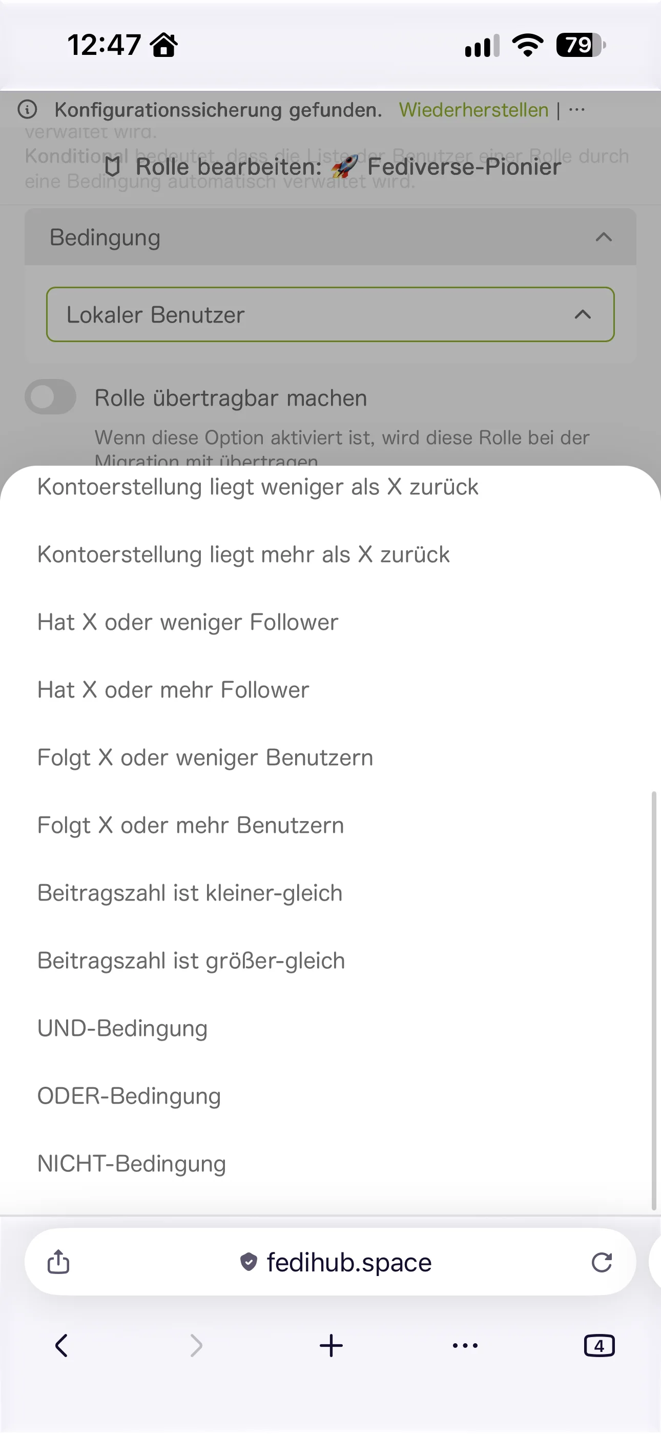 Einstellungen von FediKey zu den Benutzerrollen