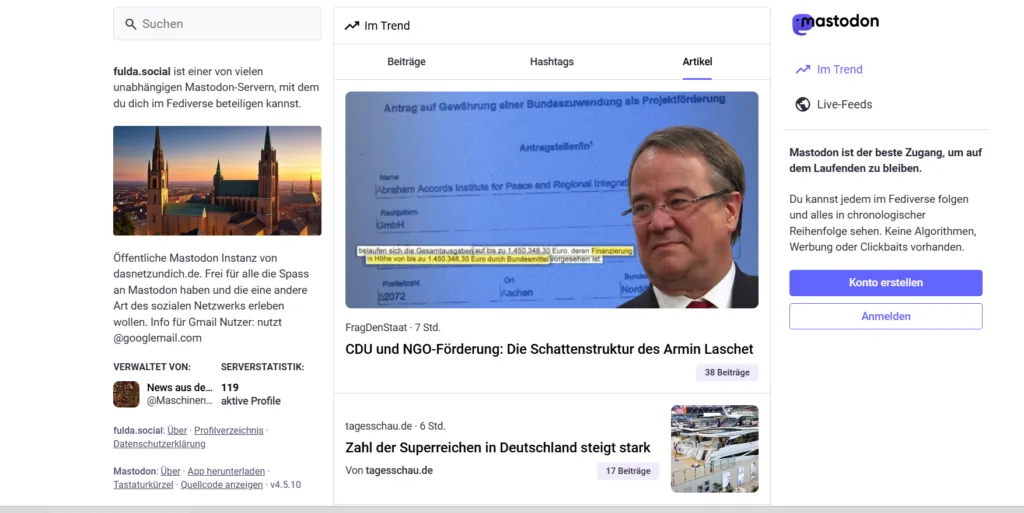 Mastodon fulda.social Screenshot mit trendenden Artikeln und Serverinformationen.