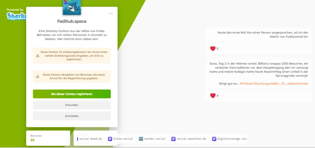 Fedihub.space Sharkey-Instanz mit Registrierung, Warnhinweisen und Beispielbeiträgen im Fediverse.