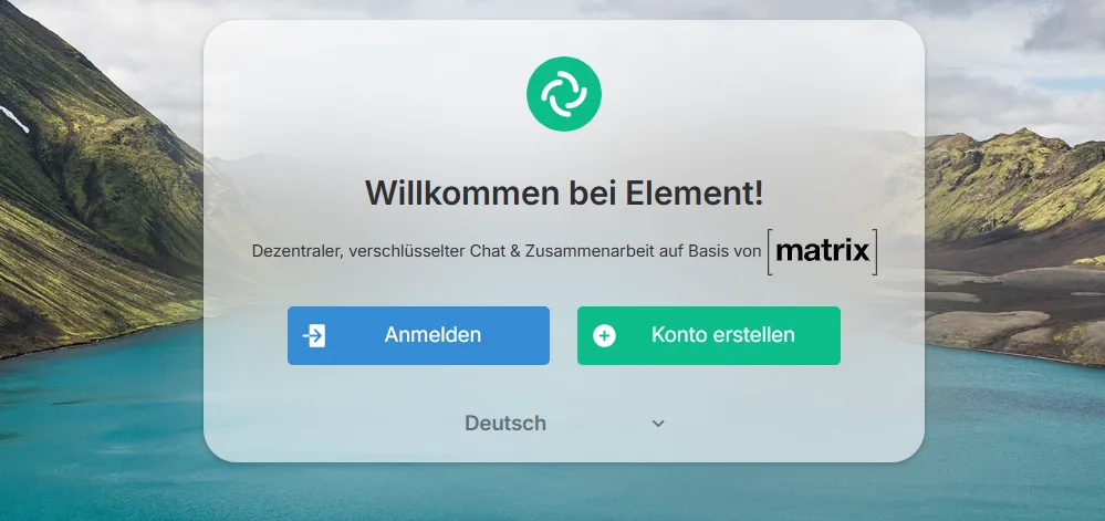 Element App Login-Bildschirm auf Deutsch mit Matrix-Chat Anmeldung und Kontoerstellung.