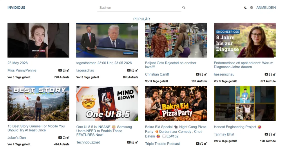 Invidious Popular-Videos Seite mit YouTube-ähnlichem Video-Grid und Suchleiste.