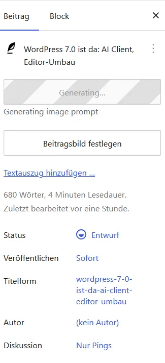 WordPress Editor Seitenleiste mit KI-Bildgenerierung für Beitragsbild und Entwurfseinstellungen.
