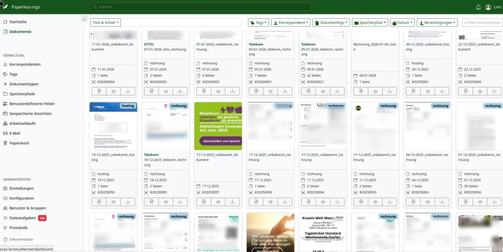 Paperless-ngx Dokumentenmanagement-Dashboard mit Dokumentenansicht, Suche, Filtern und Rechnungsarchiv.