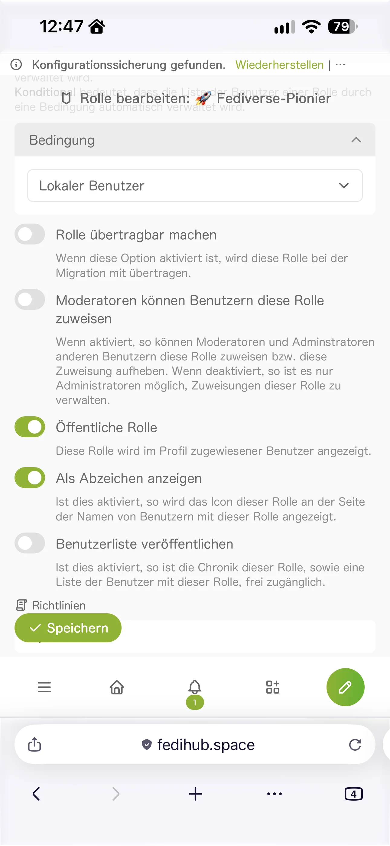 Einstellungen von FediKey zu den Benutzerrollen
