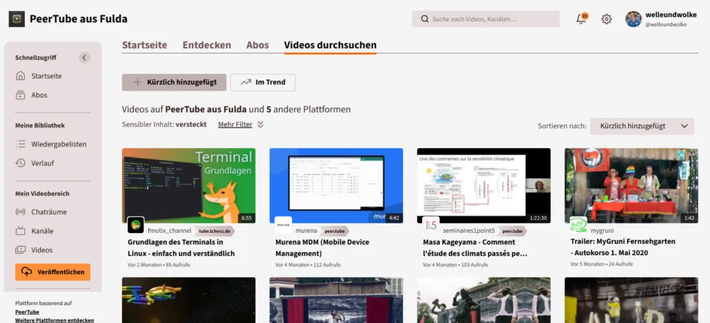 PeerTube aus Fulda: Video-Entdeckungsseite mit Filtern, Sidebar und Videothumbnails.
