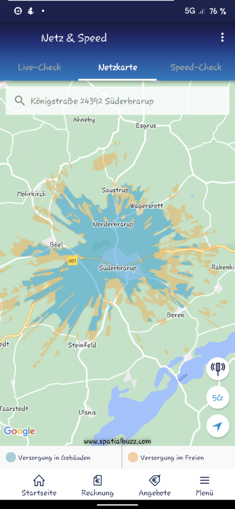 Karte zeigt die Netzabdeckung mit 5G im Bereich Süderbrarup und Norderbrarup sowie Umgebung 