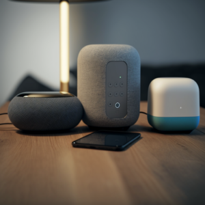 few Smart Home devices on an Table. Apple Smartspeaker, Google Nest, Fritzbox