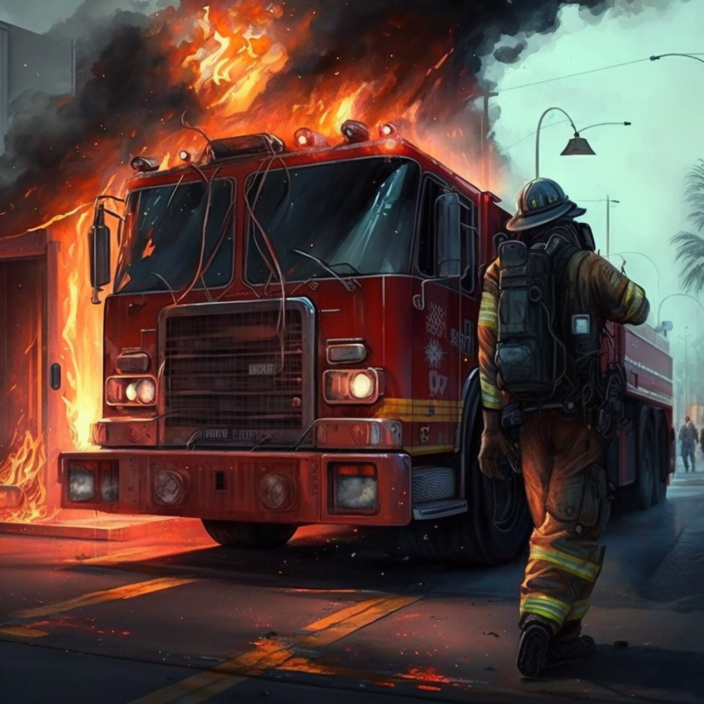 Ein US-Amerikanisches Feuerwehrfahrzeug samt Feuerwehrmann vor einem brennenden Haus. Symbolbild für Feuer und Flamme im WDR