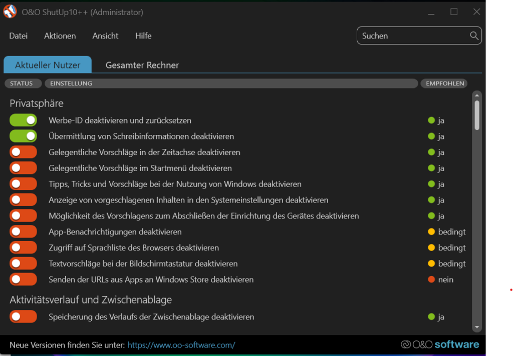 Screenshot der Einstellungen von O&O ShutUp10++: Maximale Datenschutzkontrolle für Windows-Benutzer