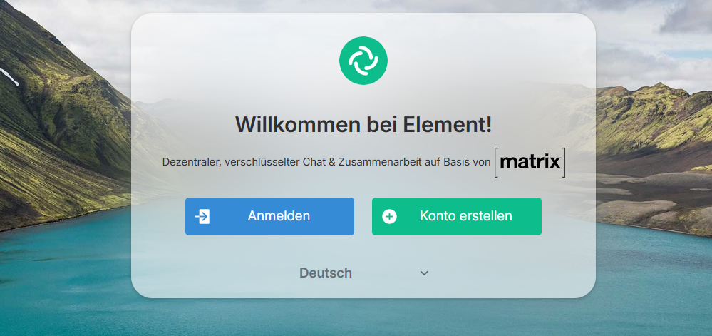 Element App Login-Bildschirm auf Deutsch mit Matrix-Chat Anmeldung und Kontoerstellung.