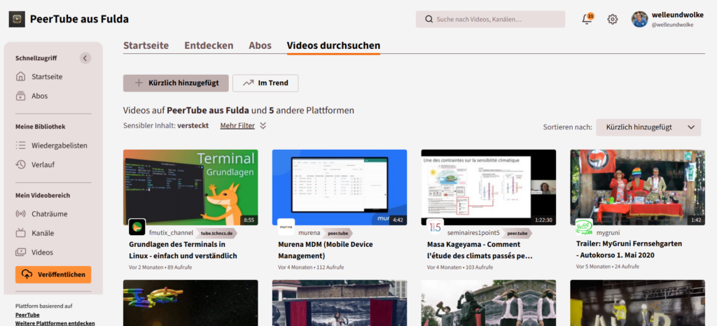 PeerTube aus Fulda: Video-Entdeckungsseite mit Filtern, Sidebar und Videothumbnails.