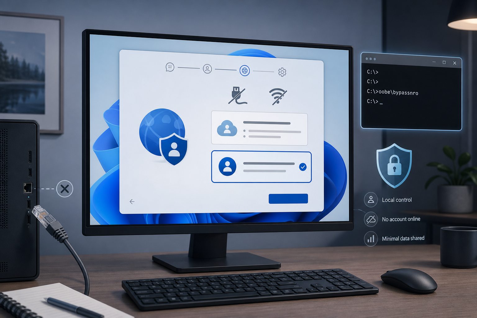Windows 11 Einrichtung mit lokaler Anmeldung, Offline-Konto und Datenschutz.
