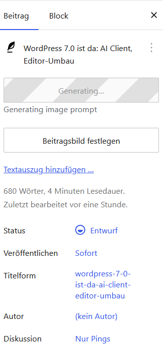 WordPress Editor Seitenleiste mit KI-Bildgenerierung für Beitragsbild und Entwurfseinstellungen.