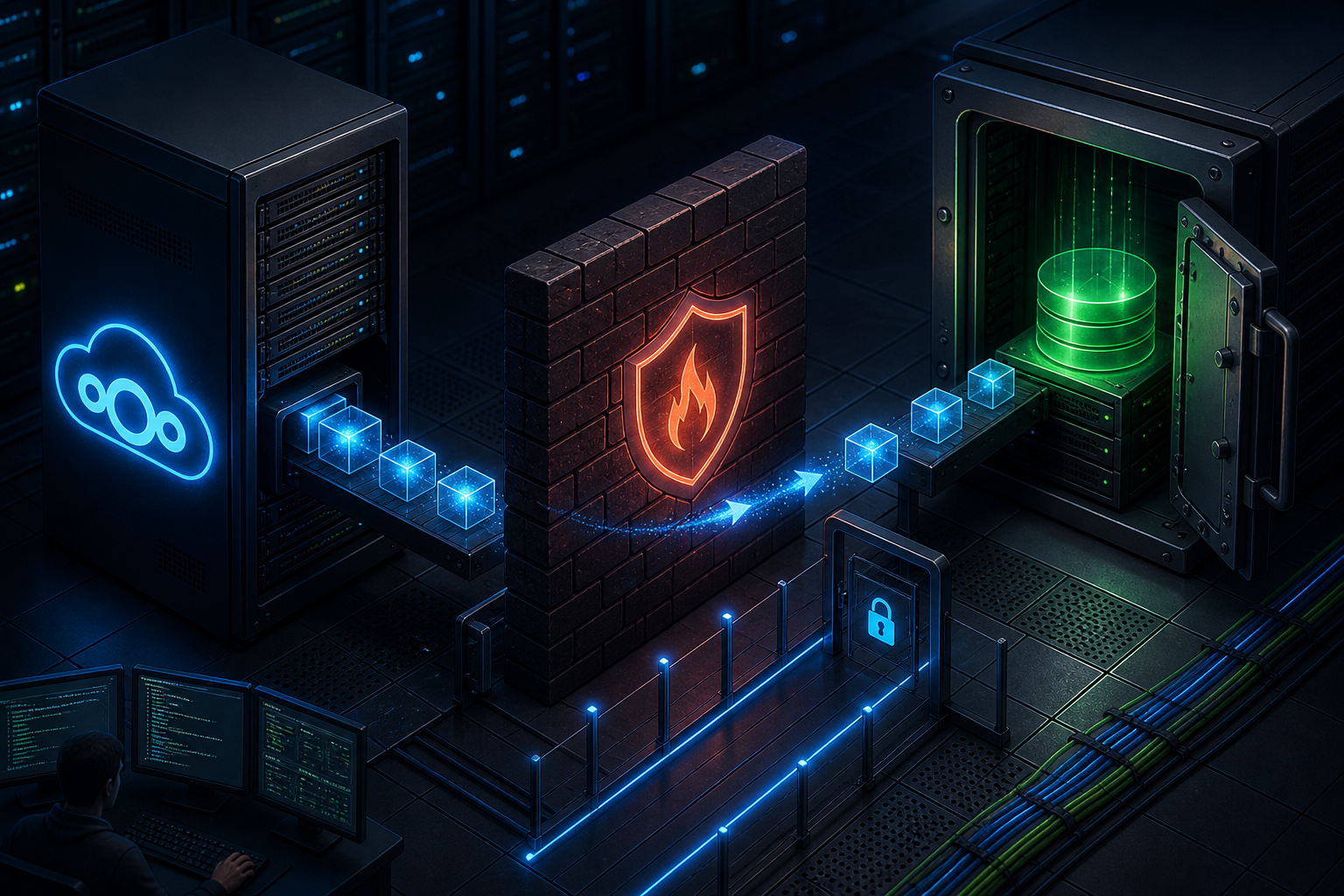 Server übertragen Daten durch eine Firewall zu einem gesicherten Datenspeicher