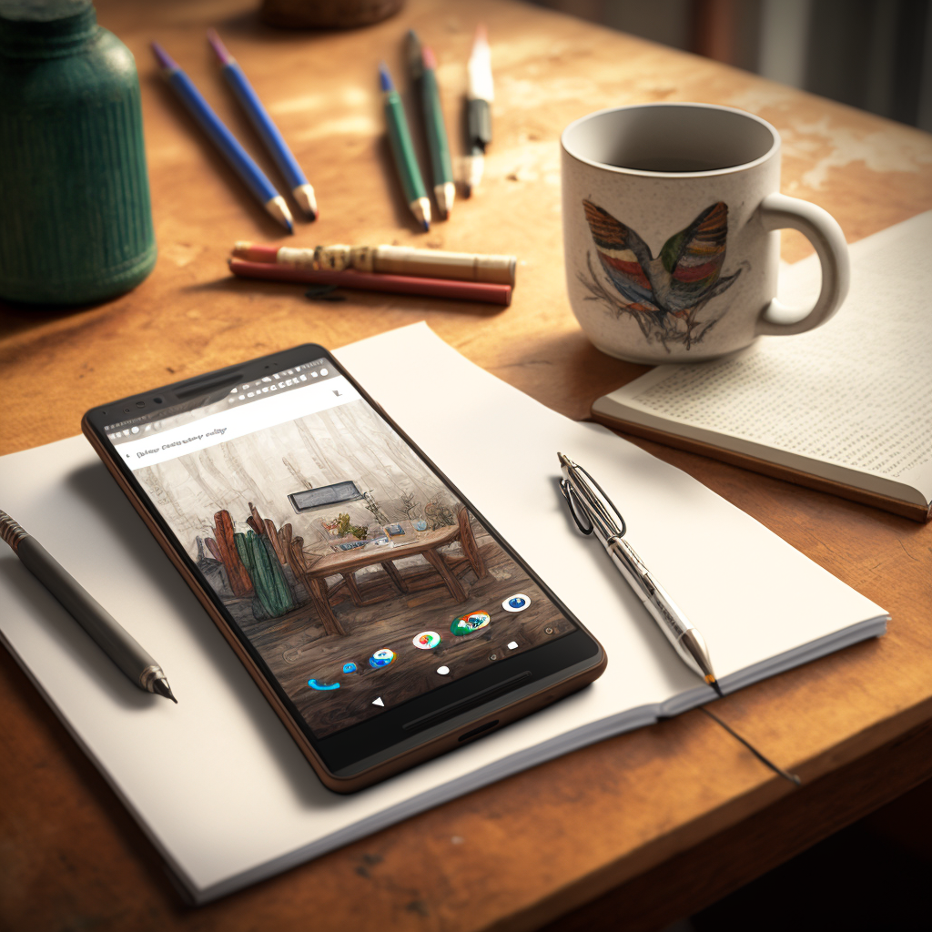 Ein Smartphone liegt auf einem Schreibtisch mit Stiften und einer Tasse drauf. Dies stellt ein Pixel Phone dar.