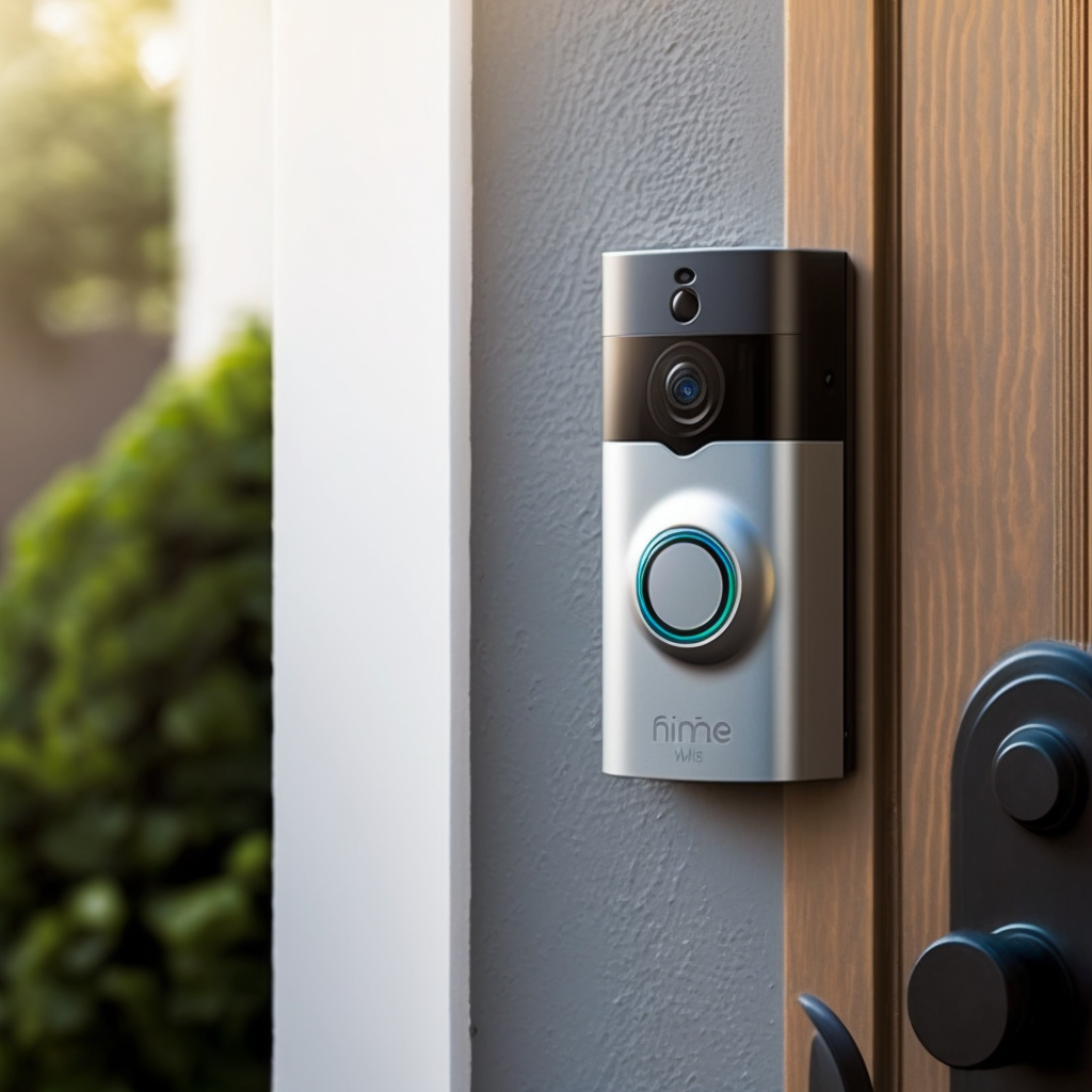 RING Smart Home Kamera in Silber/Schwarz generiert per MidjourneyAI. Auf der rechten Seite eine Holztür und links der Kamera ist die Natur zu sehen in Form eines Baumes..