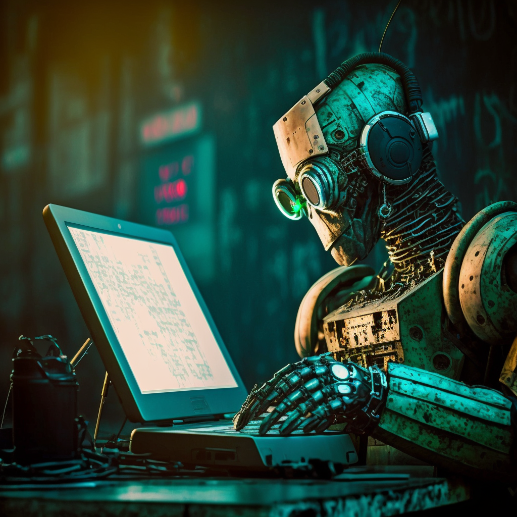 Ein Roboter sitzt vor einem Rechner und tippt etwas ein. Der Hintergrund ist grünlich, das Display des Rechners ist hell erleuchtet. Der Roboter tippt mit der linken Hand auf der Tastatur rum.