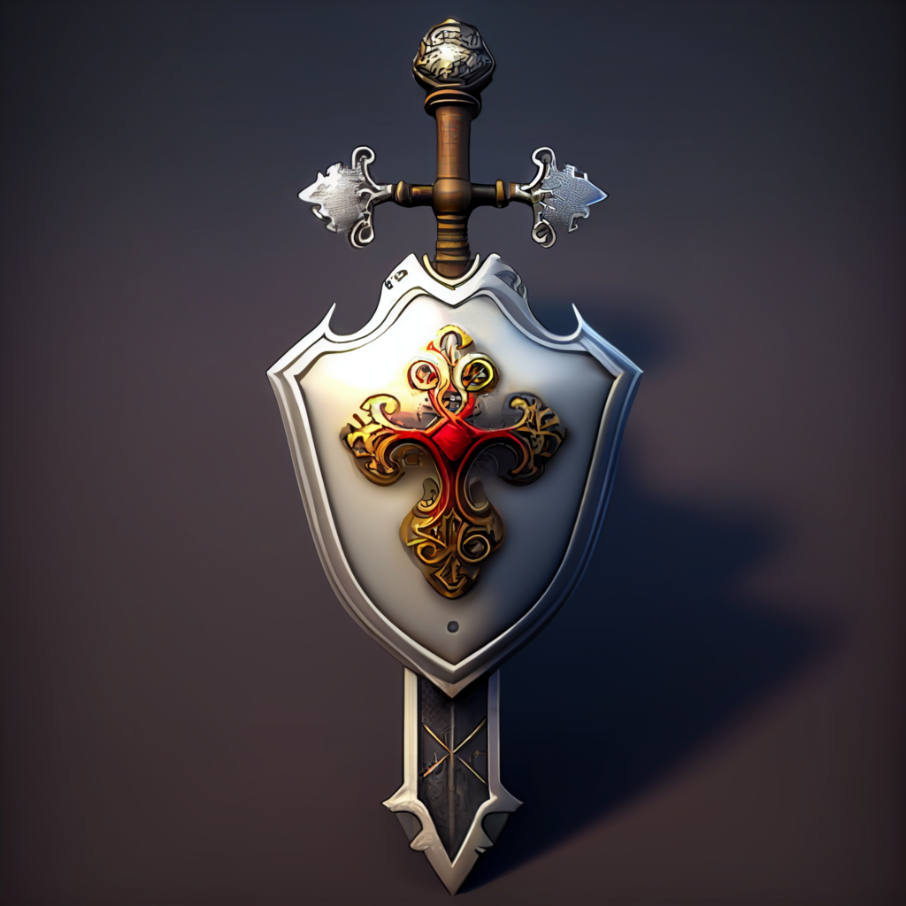 Ein Schild mit Schwert, was das Server absichern symboliseren soll (Open AI)